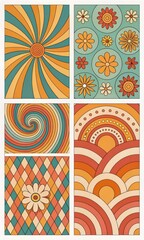 Vibrant retro collage featuring psychedelic swirls daisy flowers rainbow stripes and checkerboard patterns