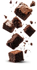"Falling chocolate brownies with flying cocoa chunks, minimalist white background, professional quality food image."

