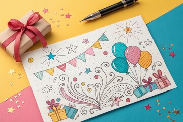Whimsical birthday celebration frame with balloons gifts and bunting