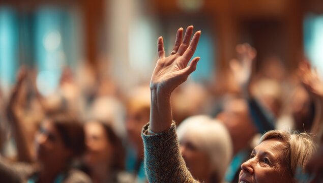 Audience raising hands at a conference