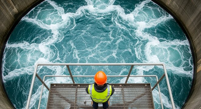 Engineer oversees processing of turbulent water at a water treatment facility, ensuring clean liquid distribution for public use.