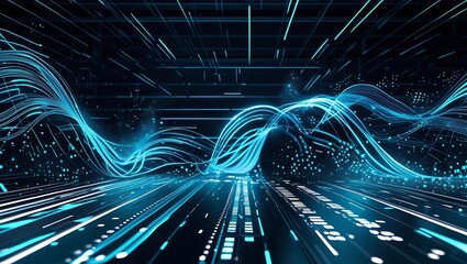 Futuristic digital wave background with glowing blue and cyan flowing lines, particle trails, light dots, and motion blur, dark tech grid background, high contrast style.