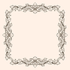 Vintage square baroque frame with floral ornament engraving illustration art
