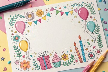 Whimsical birthday celebration frame with balloons gifts and bunting