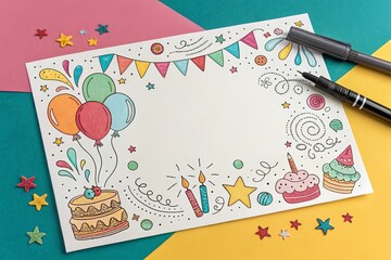 Whimsical birthday celebration frame with balloons gifts and bunting