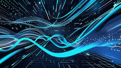 Futuristic digital wave background with glowing blue and cyan flowing lines, particle trails, light dots, and motion blur, dark tech grid background, high contrast style.