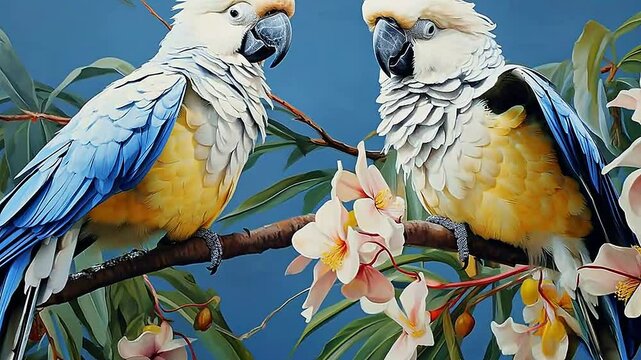 white parrots in Delfts Blauw realistis, highly detailed,ai generative