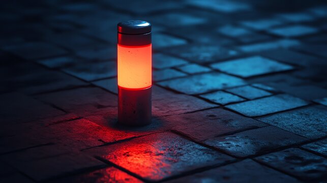 Red Warning Light on Wet Cobblestone Street at Night