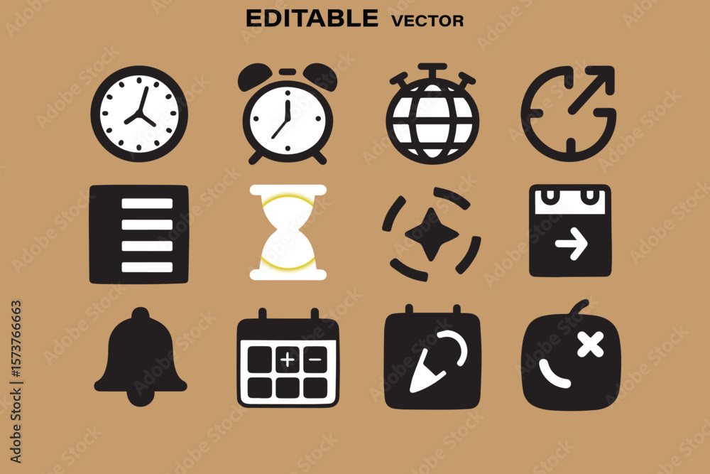 Poster collection of twelve editable vector icons representing time management scheduling and notifications