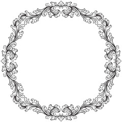 Vintage circle oval baroque frame with floral ornament engraving illustration art