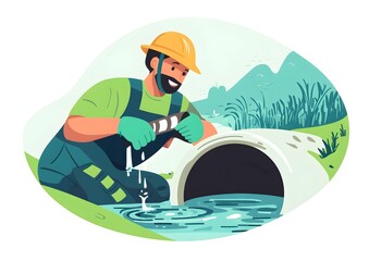 "Pastel flat vector illustration of a water technician collecting samples near a river sewer, wearing helmet and gloves, white background."

