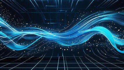 Futuristic digital wave background with glowing blue and cyan flowing lines, particle trails, light dots, and motion blur, dark tech grid background, high contrast style.