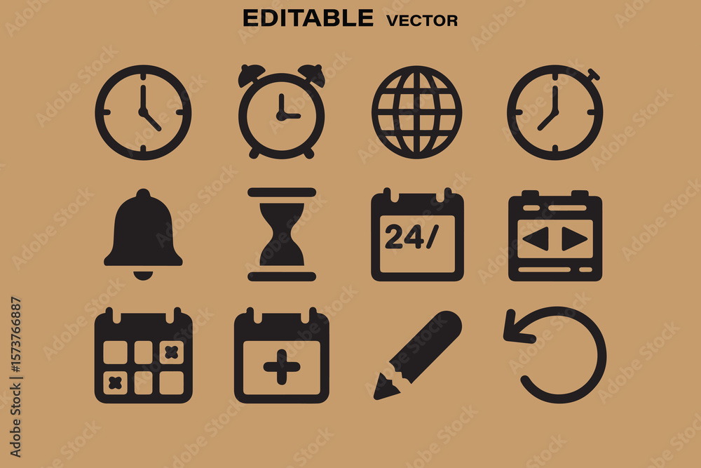 Poster collection of editable vector icons representing time management scheduling and global communication