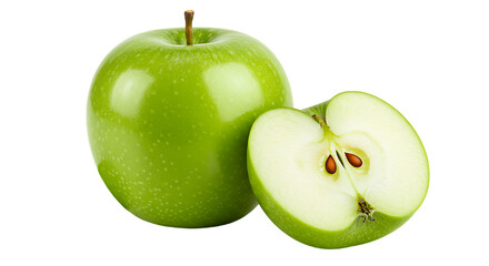 Fresh Green Apples One Whole and One Halved Displaying Seeds Isolated on a Black Background for Easy Compositing