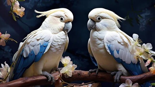white parrots in Delfts Blauw realistis, highly detailed,ai generative