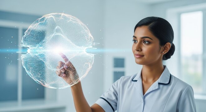 Young doctor interacts with innovative technology, healthcare advancements shown clearly.