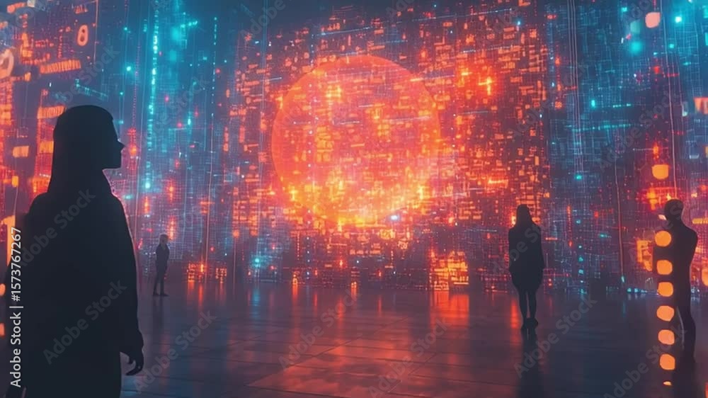 Poster digital dawn: silhouettes of figures are framed against a vibrant digital display, creating an intri