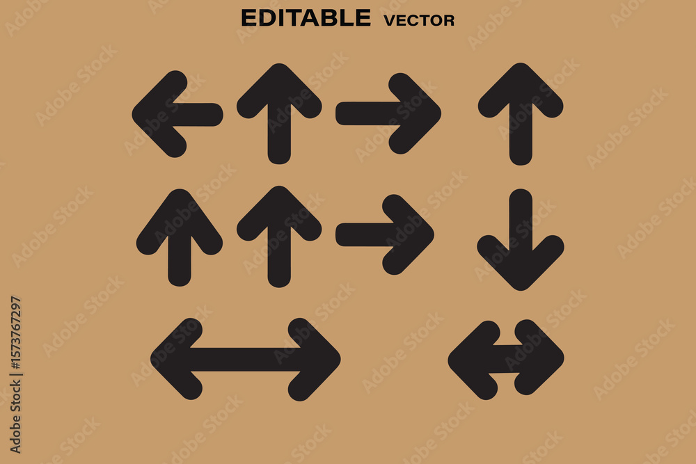 Poster collection of black directional arrows pointing up down left right and sideways on a brown backgroun