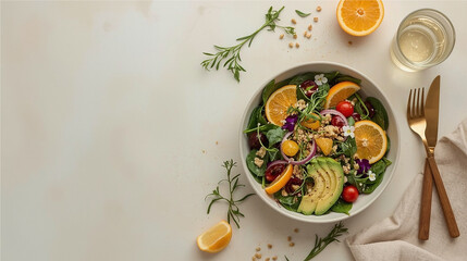 Minimalist top view of a salad bowl with avocado slices, orange segments, and fresh greens. Light and colorful meal for healthy eating.
