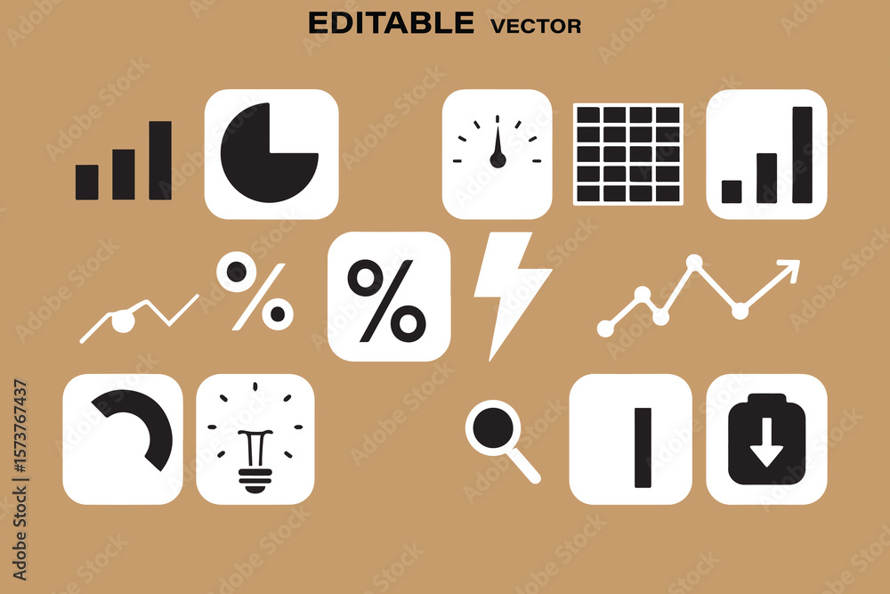 Poster collection of editable vector icons representing business analytics data charts and financial symbol