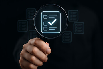 Close-up of hand holding magnifying glass focusing on digital checklist icon, symbolizing document validation, quality assurance, and auditing process in modern digital workflow

