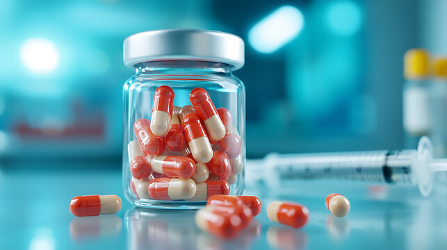 Pharmaceutical research event laboratory setting glass jar with capsules science environment close-up view healthcare concept