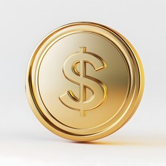 "Ultra-realistic professional photo of gold coin with dollar sign, sharp focus highlighting texture and details, isolated on white background, high-resolution."

