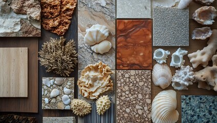 "Flatlay interior mood board with various material samples - wood, marble, terrazzo, oak, walnut, sandstone tiles and natural coral/shell decorative elements."

