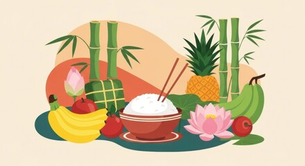 Vietnamese Tet Holiday Food Offerings with Fruits Bamboo and Flowers