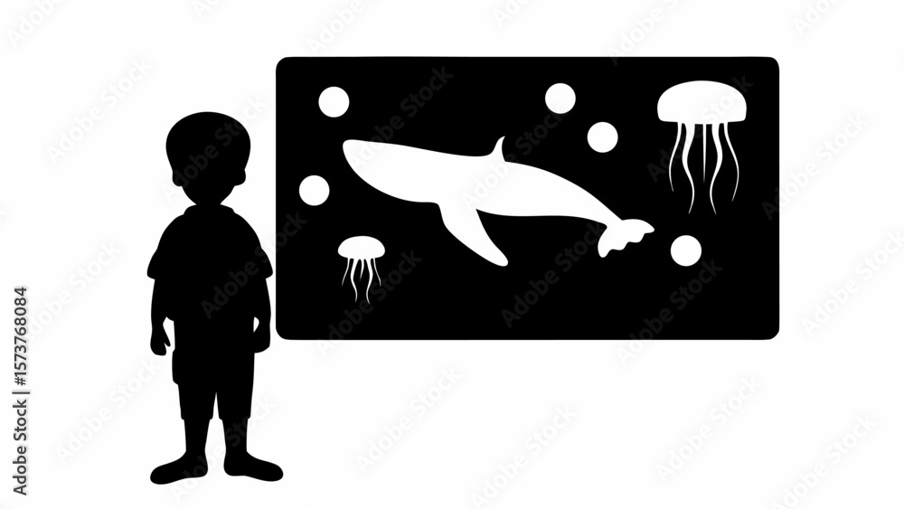 Poster silhouette of a child looking at a black board with a whale jellyfish and bubbles displayed on it