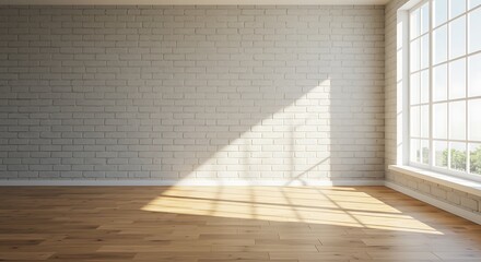 Bright Empty Room with White Brick Wall and Hardwood Floor