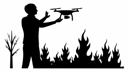 Silhouette of a person launching a drone over a fire with a bare tree on the left side scene