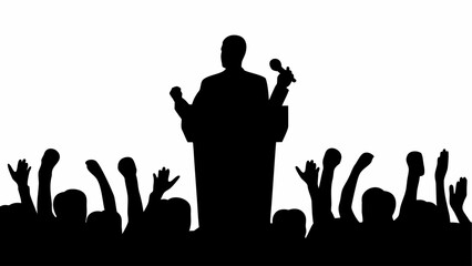 Silhouette of a speaker with a microphone addressing a crowd with raised hands in a black and white image
