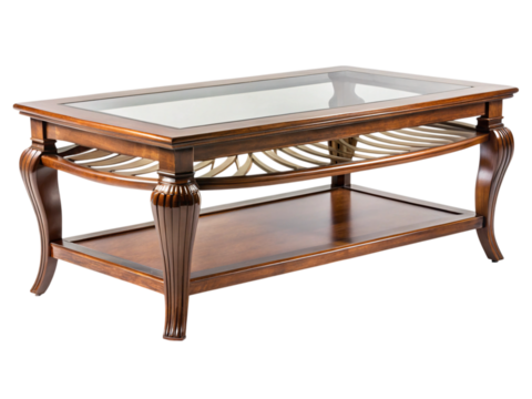 Photo of elegant wooden coffee table with glass top and ornate legs isolated on transparent background - Powered by Adobe