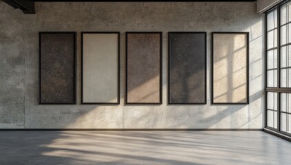 blank frames on the wall, each frame is 20 by 35 inches, concrete floor, neutral-colored background,