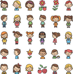 Cartoon People Icons: Diverse Children with Various Hairstyles and Outfits