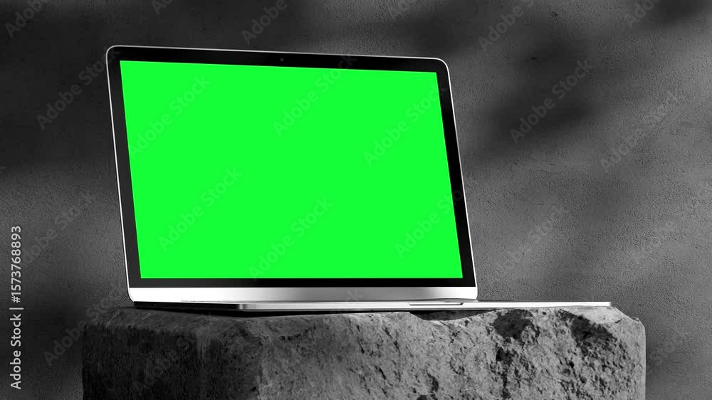 Fototapete laptop computer with green screen for chroma key stone. zoom in mock up working pc with greenscreen 