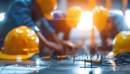 Construction workers in yellow hard hats are collaborating on a project, surrounded by tools and bright lighting, showcasing teamwork and industry.