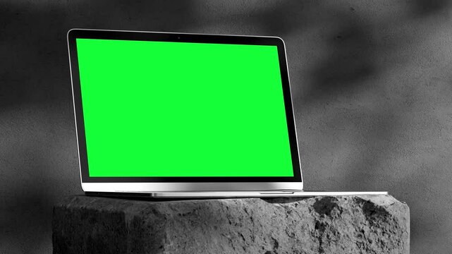 Laptop Computer with Green Screen for Chroma Key Stone. Zoom In Mock Up Working PC with Greenscreen for Chromakey on Nature Color Background. Web Presentation of Electronic 3d Object with Horizon View