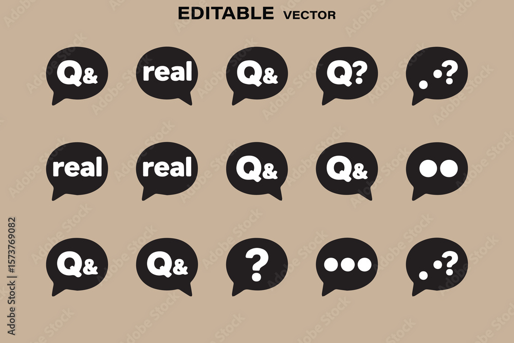 Poster collection of black speech bubbles with white text and symbols including q a real and question marks