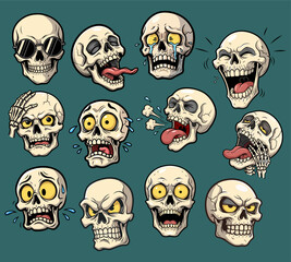 Cartoon Skull Expressions Set – 12 Vector Illustrations of Skulls with Funny, Angry, Crying, Laughing, Vomiting, Shocked, and Cool Faces in Bold Comic Style.