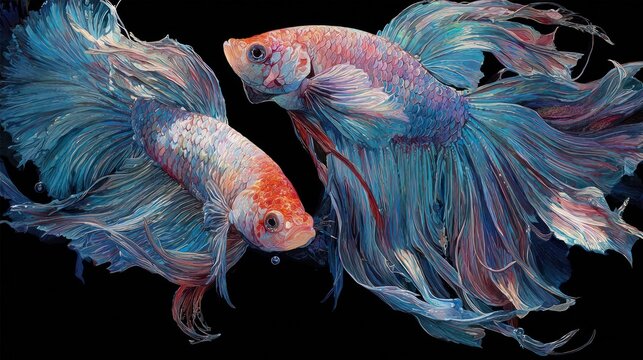 Two vibrant betta fish, tails outstretched