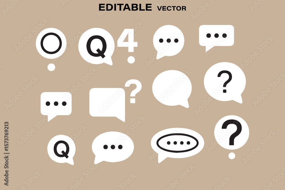 Poster collection of white speech bubbles with question marks and ellipses on a beige background editable v