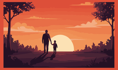 Vector illustration of a father and child holding hands, walking together in a sunset landscape. Perfect for Father's Day greeting cards, posters, banners, and emotional campaigns