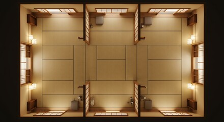 Warm Japanese Room Interior with Tatami Mat Flooring and Soft Lighting