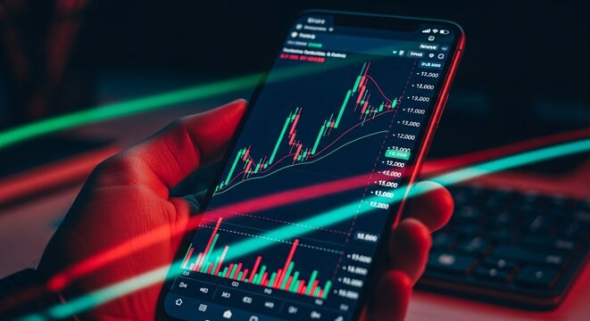 Stock market analysis on smartphone screen financial trading app investment chart business data technology