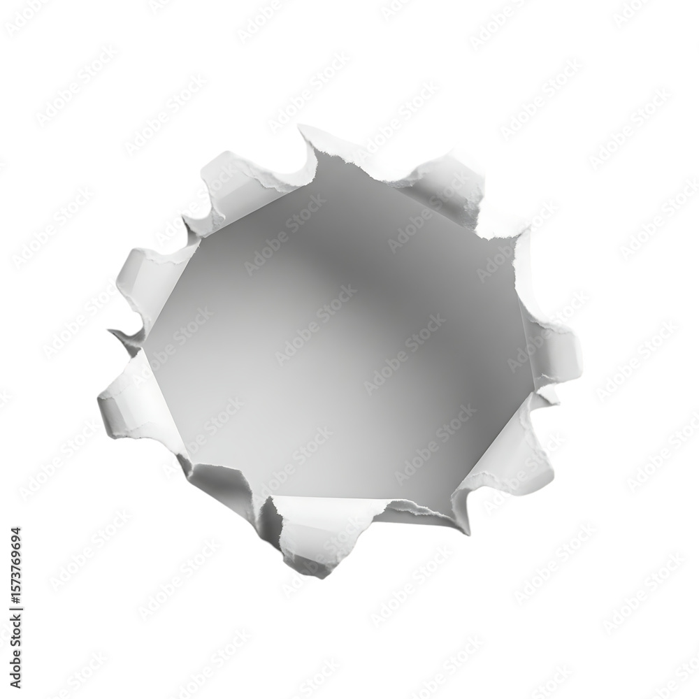 Poster torn white paper hole with ripped edges on a black background creating a dramatic and abstract compo