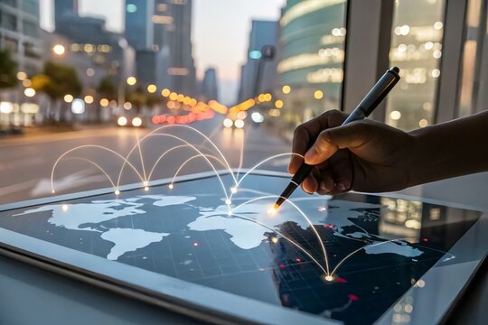 Hand Drawing Connections on Digital World Map in Urban Setting