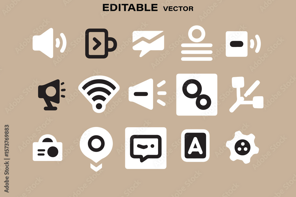 Poster collection of modern minimalist vector icons representing communication technology and user interfac