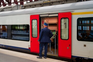 A train conductor stands at an open door on a busy railway platform, ready to assist passengers. The vibrant red doors are numbered one and two, ensuring safe travel for commuters. © Ilja